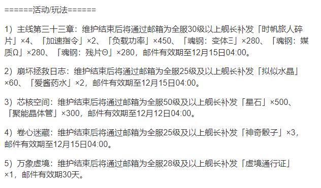 《崩坏3》游戏2022年12月6日停服维护补偿介绍